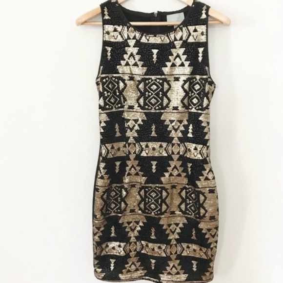 SKIES ARE BLUE Gold Sequin Tribal Bodycon Dress - Picture 7 of 7